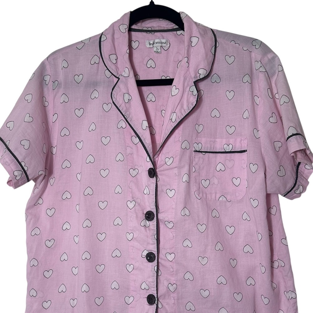 Insomniax Pajama Set Women L Pink Heart Print Cotton Button Down Short Sleeve - Picture 2 of 9